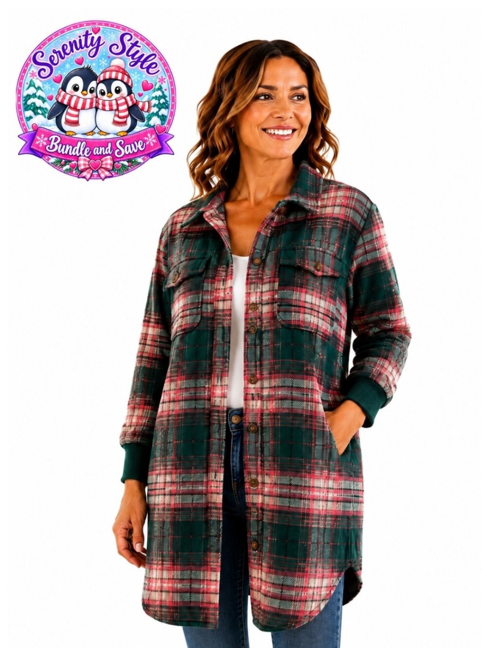 Plaid Longline Shacket Shirt Jacket Xlarge Green Pink Cozy Cabin